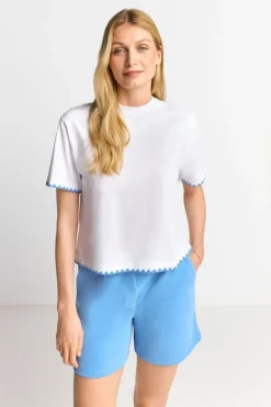 Weißes T-Shirt Mit Blauen Stickereien